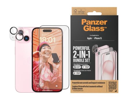 iPhone 15 PanzerGlass 2-i-1 Bundle m. EasyAligner - Skærmbeskyttelse (UWF)   Kamerabeskyttelse - Gennemsigtig   Sort For Discount