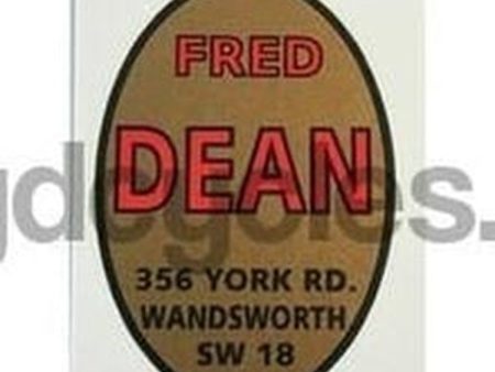 FRED DEAN.  Oval head seat transfer with 356 York Road address.  Red black gold For Sale