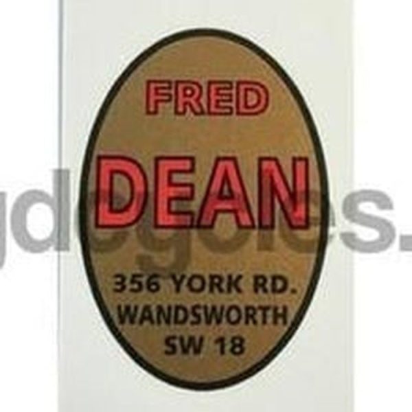 FRED DEAN.  Oval head seat transfer with 356 York Road address.  Red black gold For Sale